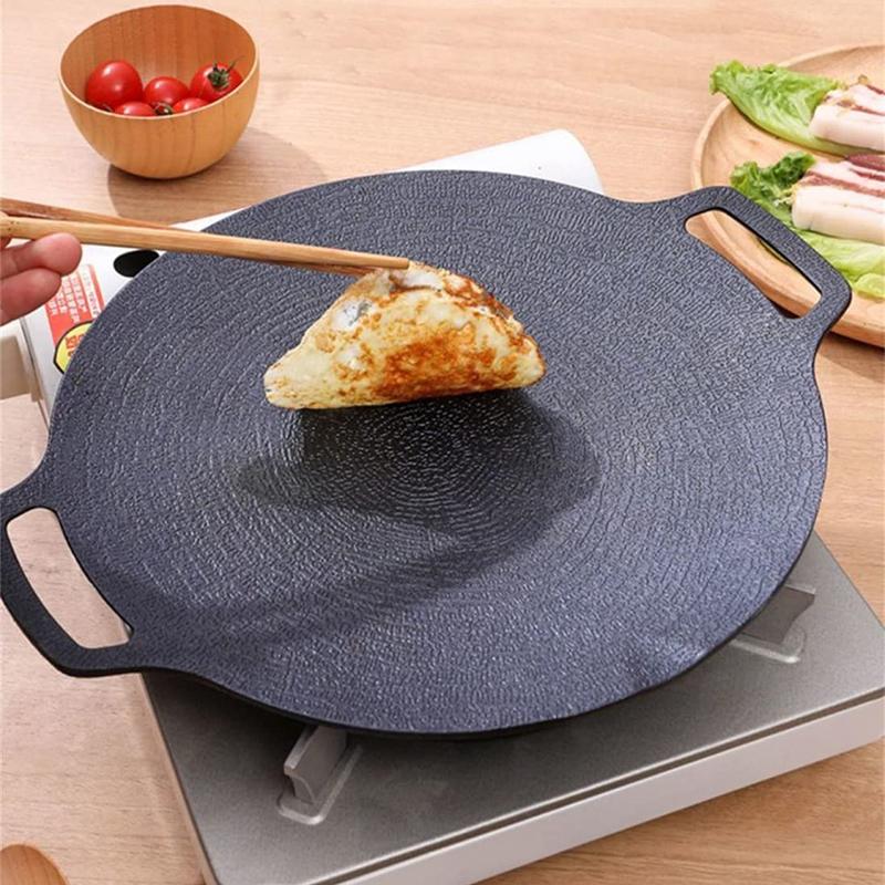 BBQ Backblech Antihaft-Gusseisen-Backblech Holzgriff Backblech Campingkocher Outdoor-Kochen Tragbares Backblech