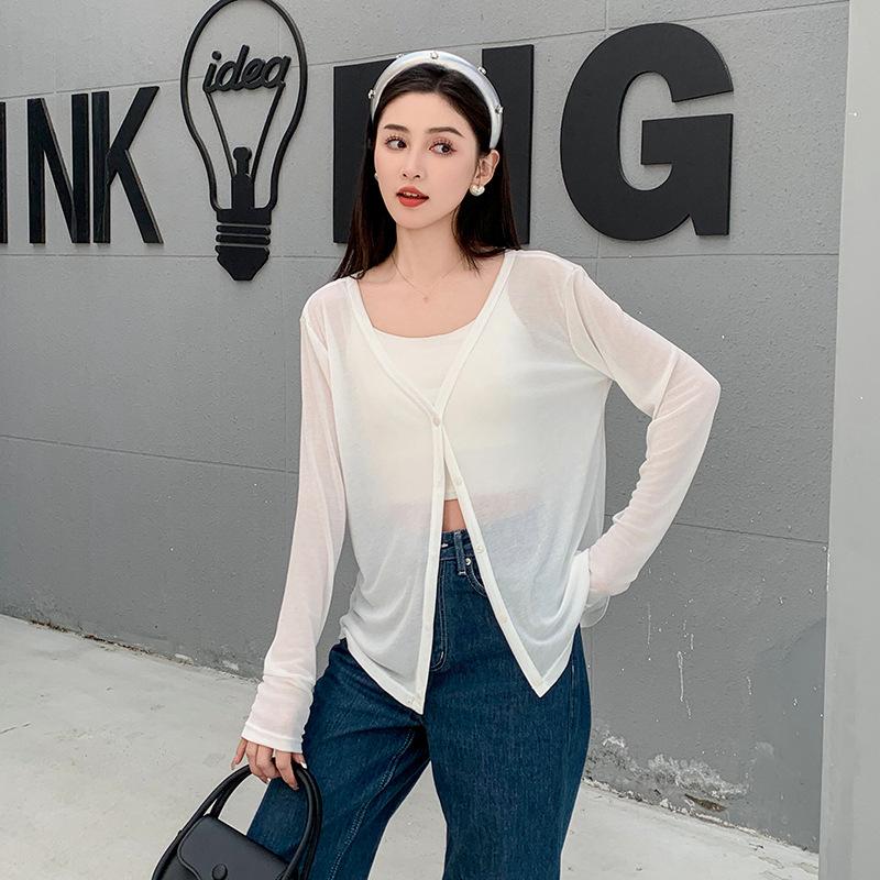 Tencel Cardigan Korean V Neck Knit Top Solid Summer Air Conditioning Cover Long Sleeve Base Layer Women Slim Fit
