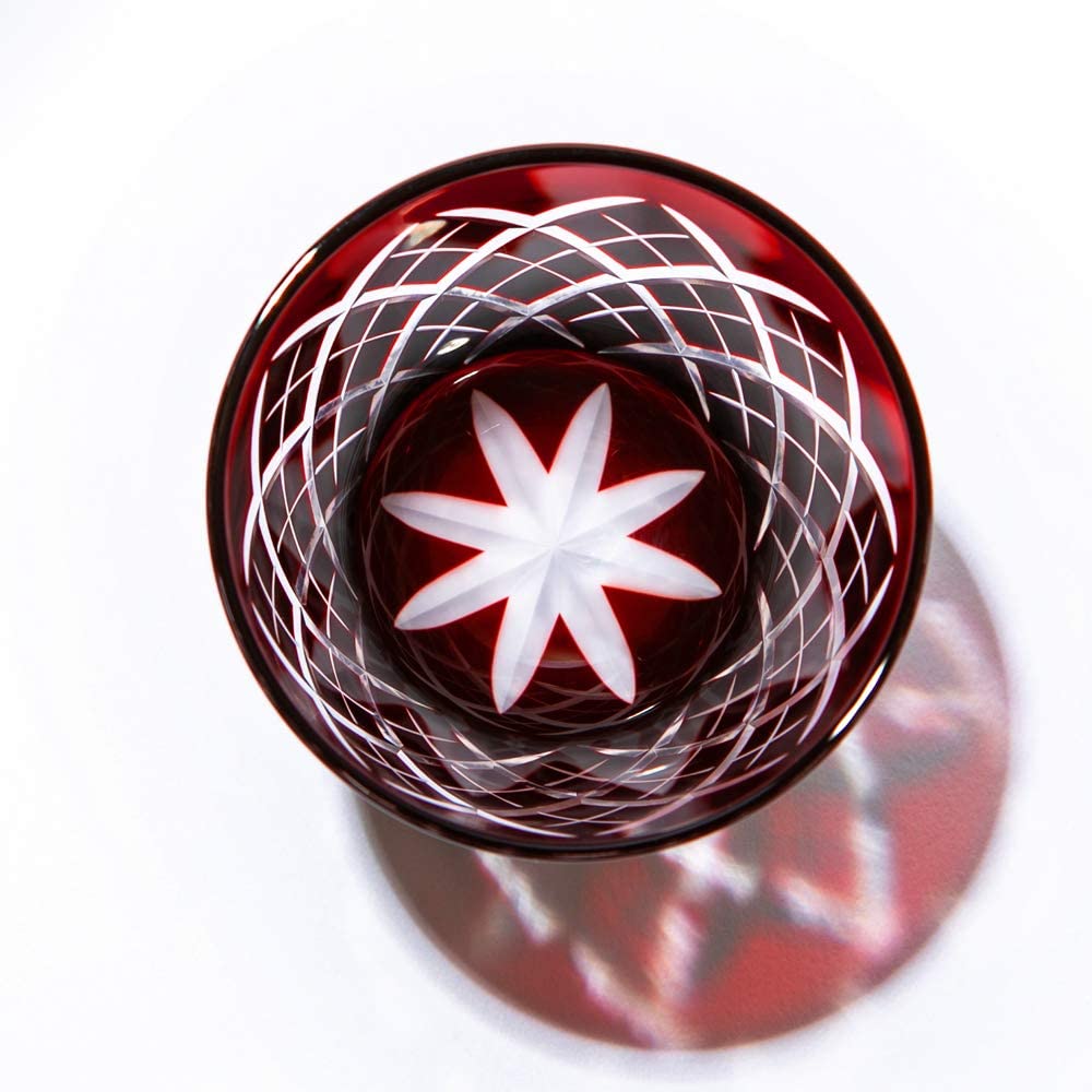 [Official Taiburo Workshop] Edo Kiriko Yaraimon Chilled Sake Cup (Red) TB90152-1R, Wooden Box, Made in Japan