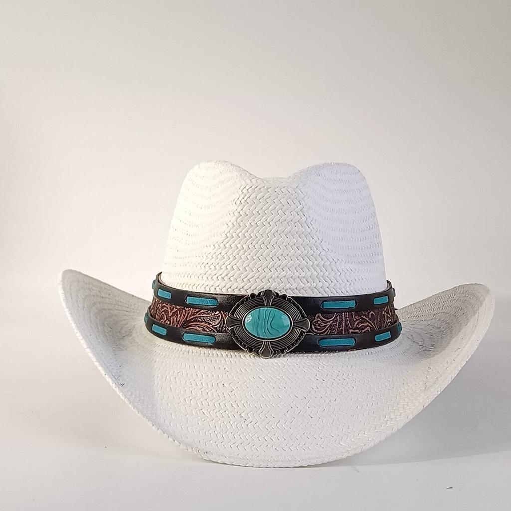 New retro Western cowboy hat white strawwith turquoise decorative buckleand leather strap wide-brimmed sun hat unisexcowboyboots