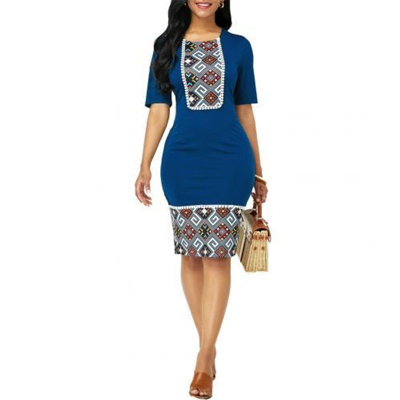 

Women s 2022 Printed Slim Hip Collar Dress Blue L