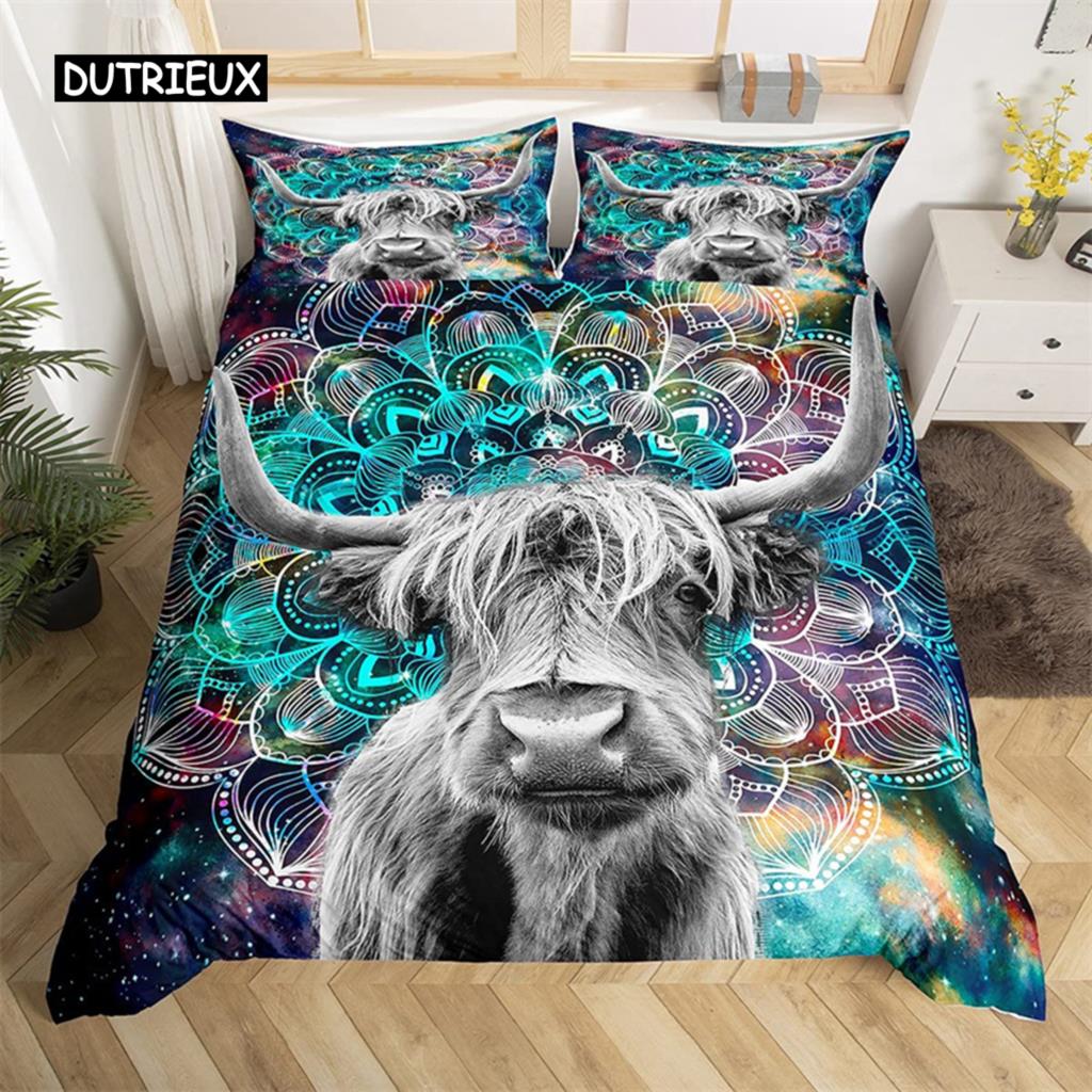 Highland Cow Bedding Set Polyester Bull Cattle Flowers Quilt Cover Western Wild Animal Duvet Cover Farmhouse Cow Bedspread Cover