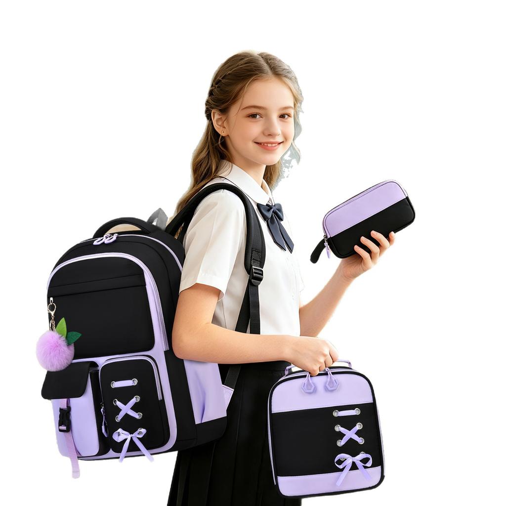 Purple Three-Piece Schoolbag For Female Junior High School Students, Large-Capacity Backpack, Lightweight Burden-Reducing Student Backpack