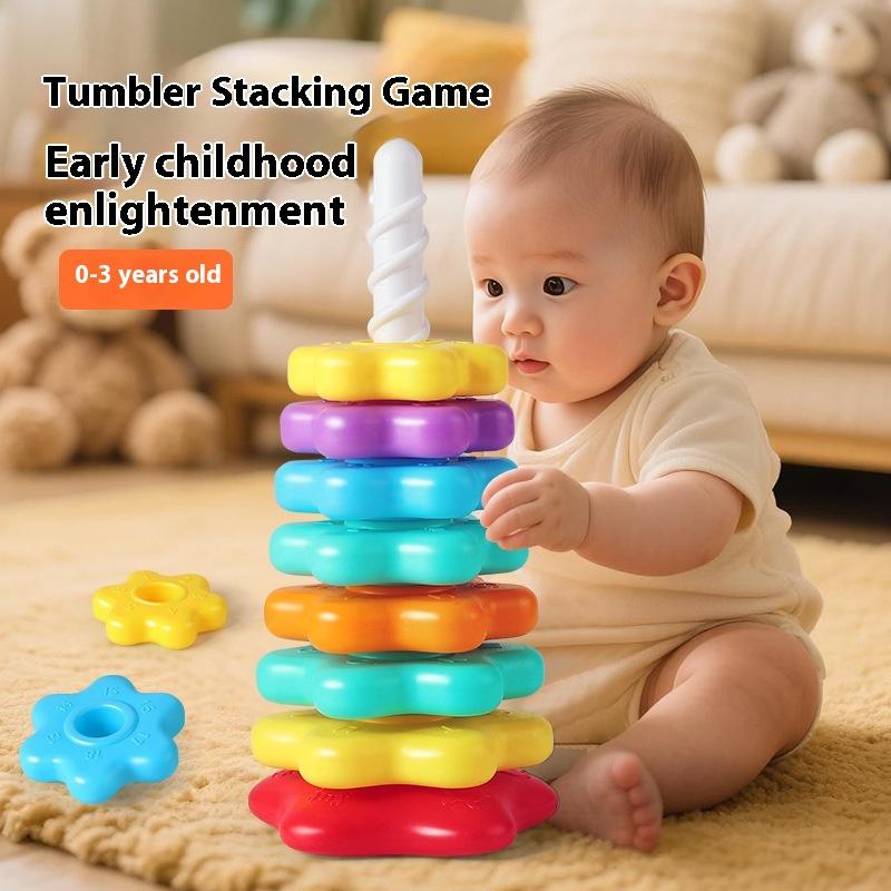 1 Set Montessori Rotating Rainbow Tower Baby Stacking Toys Children Develop Motor Skills Game Spinning Stacking Toy Gifts