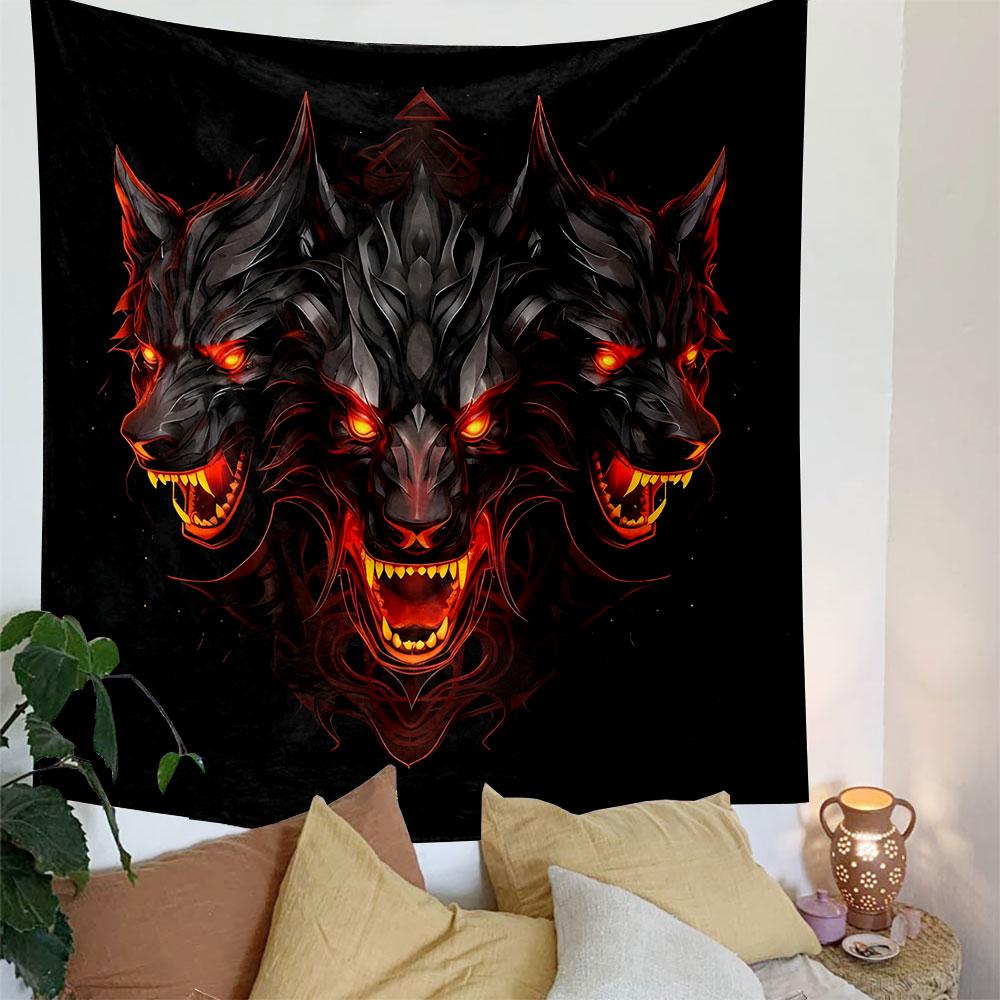 "Fiery Three-Headed Wolf Design" Patterned Tapestry Decorative Wall Hanging, Home Bedroom Living Room Decor