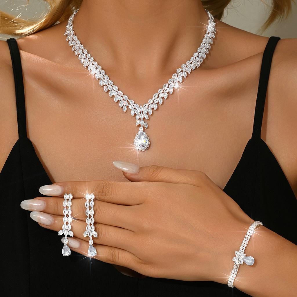 Ins Premium Simple and Versatile Daily Silver Necklace Earrings Bracelet Ring Full Diamond Four Piece Set