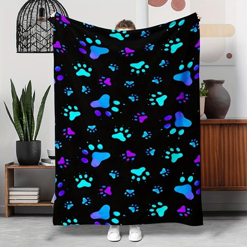 Soft & Warm Cozy Flannel Throw Blanket - Colorful Dog Paw Print Durable for Couch Naptime Camping & Travel