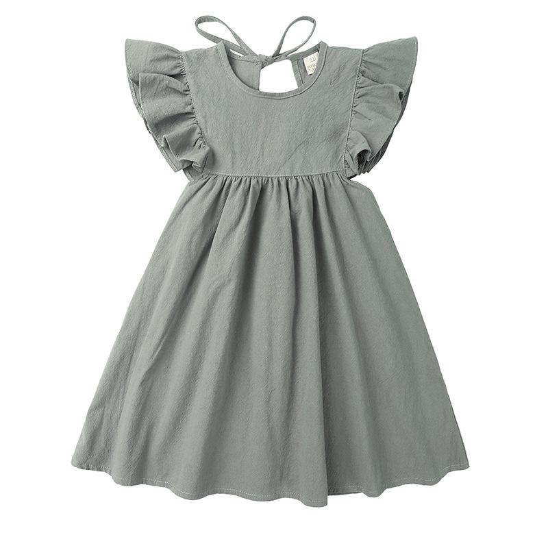 Sommer-Baumwoll-Leinenkleid für Mädchen 2026 mit Spitzenkragen & Fledermausärmeln