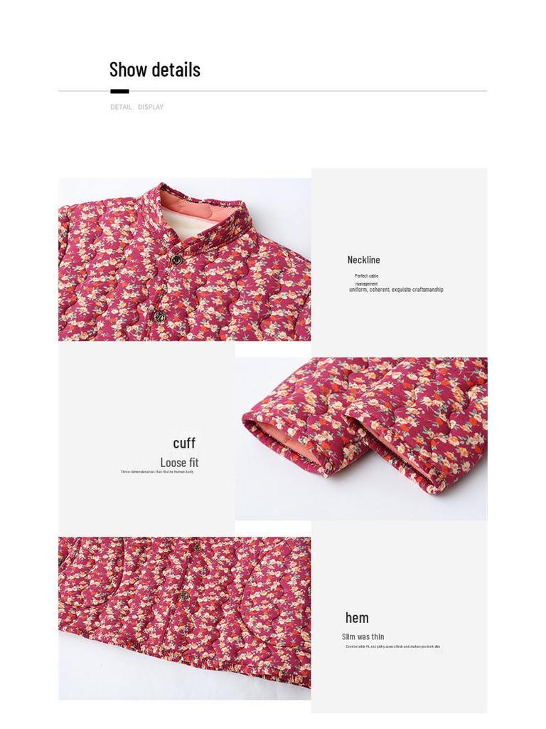 240 Jin Plus Size Velvet-Lined Cotton Jacket for Autumn/Winter - Stand Collar, Loose Fit for Middle-Aged & Elderly Women