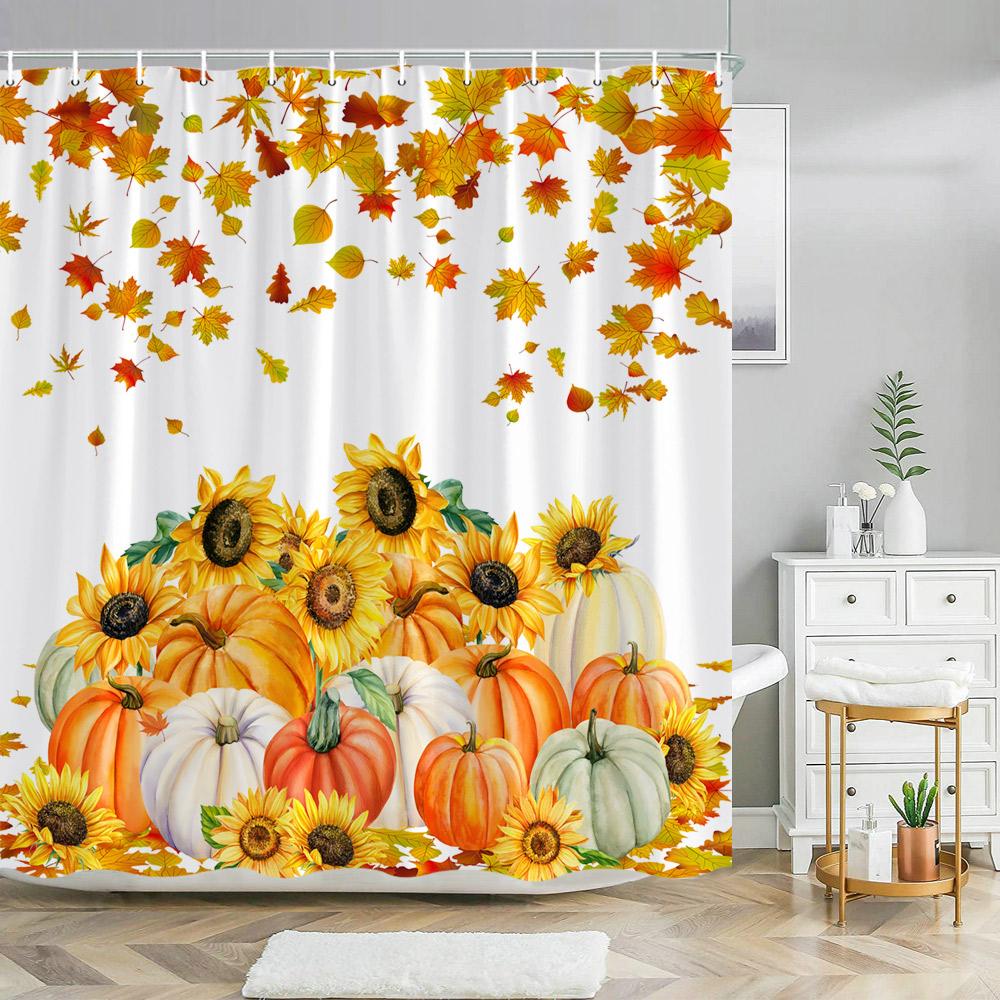 

Fall Pumpkin Shower Curtains for Bathroom Thanksgiving Teal Eucalyptus Leaves Watercolor Farmhouse Rustic Vintage Bathroom Decor 35x70in-90x180cm