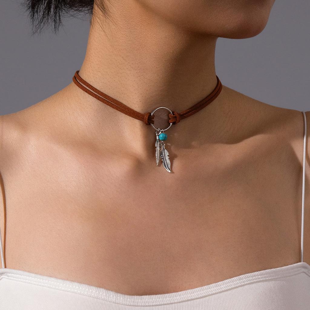 Retro Leaf Tassel Choker Woven Rope Leather Turquoise Stone Necklace Minimalist Bohemian Necklace Beach Jewelry