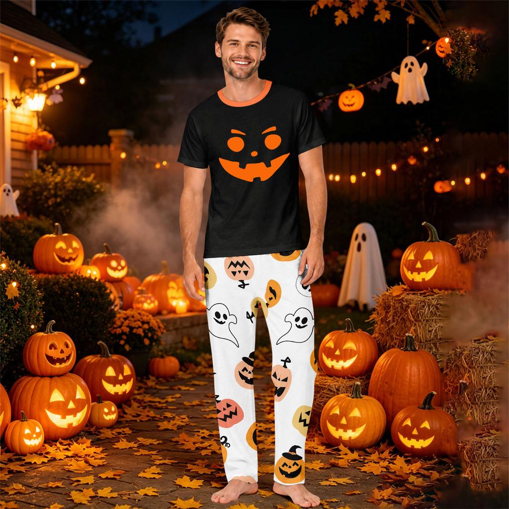 Family Matching Halloween Printed Loungewear Set Short Sleeve Top and Pants for Couples and Kids