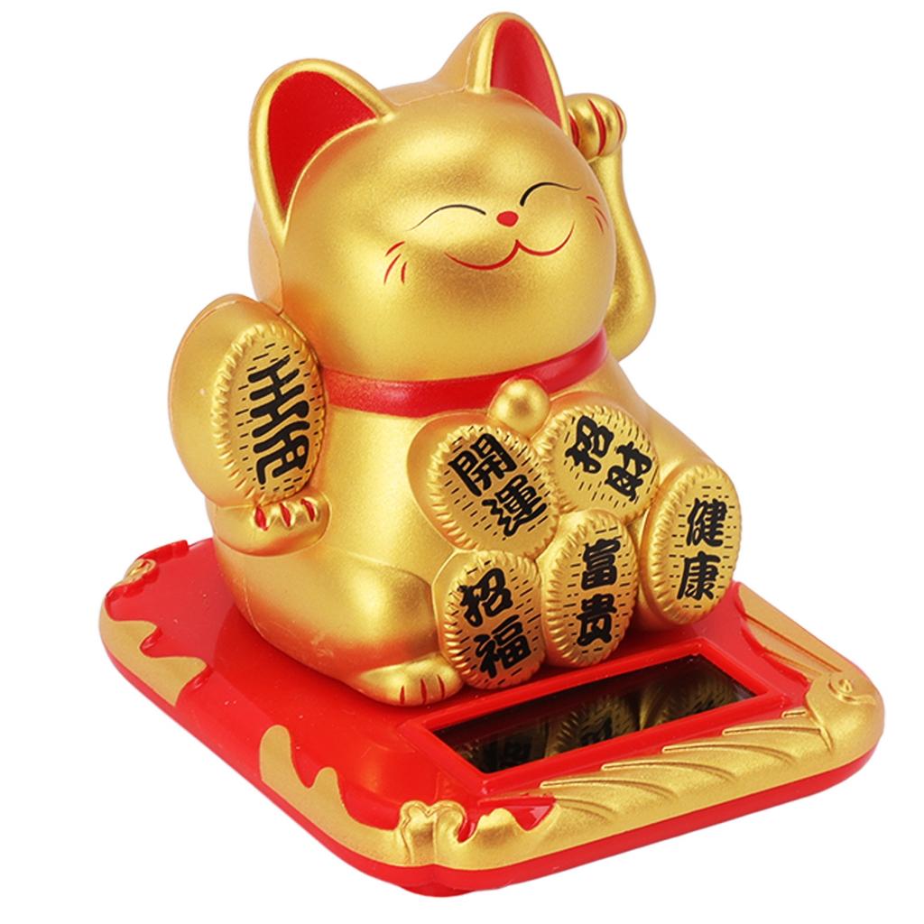 Solar Powered Waving Cat Wealth Welcoming Solar Cute Happy Lucky Cat Fortune Cat Statue Ornament for Home Car Decor