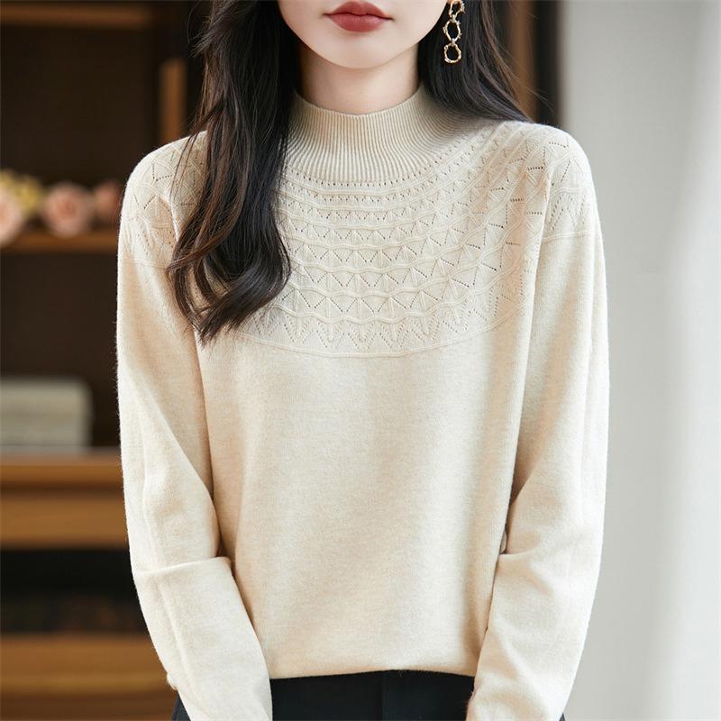 A New Style of Women's Autumn and Winter Hollowed-out Knitted Sweater Paired with A Base Layer A Pullover Long-sleeved and Semi-high-neck Sweater