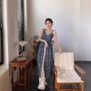 French Blue Floral Suspender Dress Women's Summer Temperament High Sense Seaside Vacation Beach Long Skirt