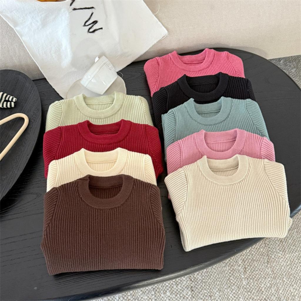 Klučičí a dívčí pletené svetry, univerzální strečové svetry pro dětské oblečení s dlouhým rukávem, jednobarevné, žebrované dětské svetry