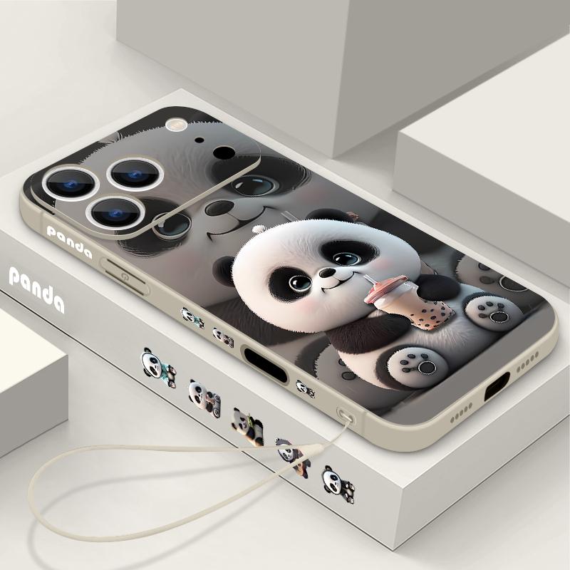 Milk Tea-drinking Panda Lanyard Case For iPhone 17 Pro Max Soft Silicone Cover For iPhone 16 Pro Max Funda iPhone 15 14 13 12 11 16E Air