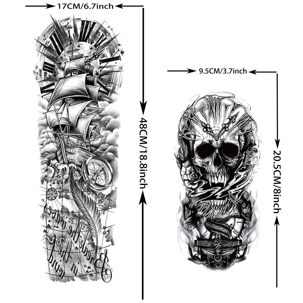 1 Sheet Black Skull God Wolf Eagle Temporary Tattoos For Men Women Full Arm Sleeve Tattoo Sticker Realistic Fake Tiger Lion Ship