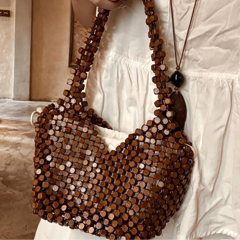 

Korean Style Handmade Bead Weaving Bucket Bag Minimalist Hollowed Out Handbag Versatile Wood Bead Woven Armpit Bag