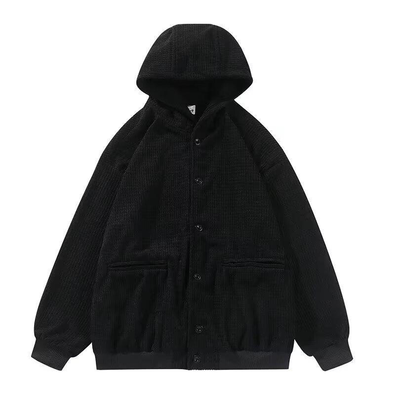 Men's Oversized Retro Waffle Knit Hooded Sweatshirt - Heavy-Weight Casual Jacket for Spring & Autumn by Trendy Brand