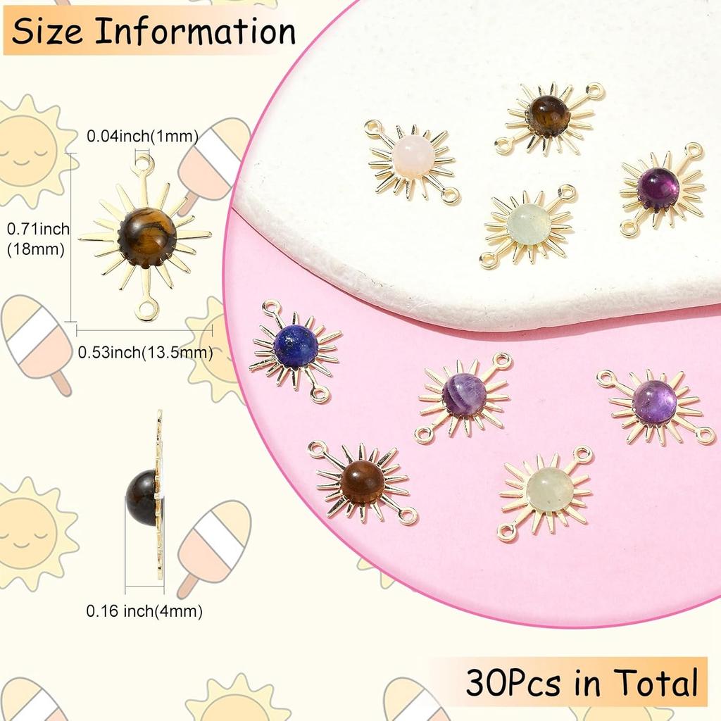 Ipotkitt 30 Pcs Natural Mixed Gemstone Connector Charms Sun Stone Charms Links Celestial Stone Charms for Jewelry Making DIY Craft Findings