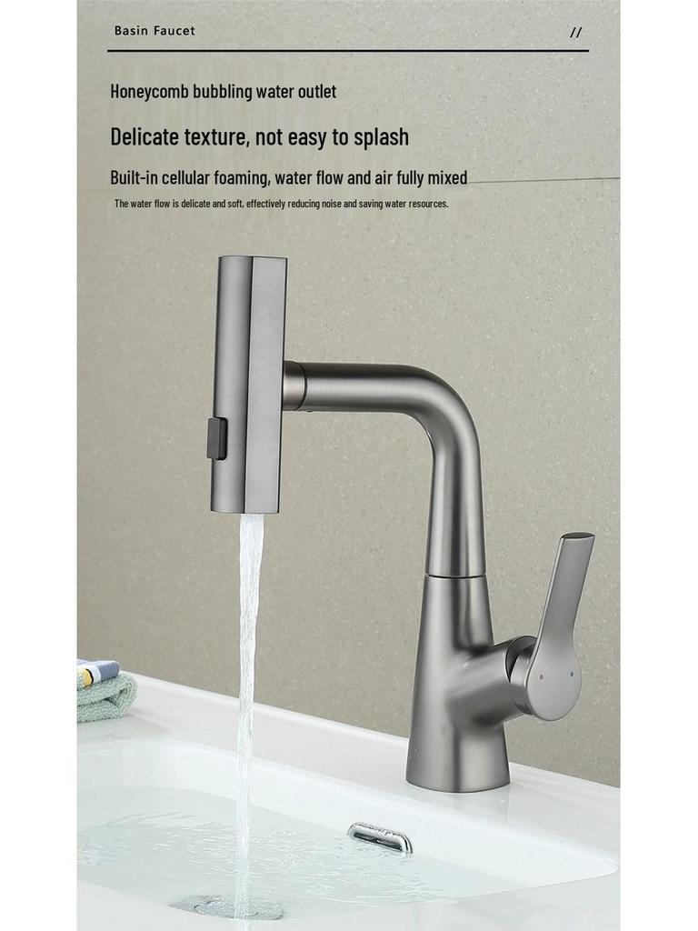 White Pull-Out Faucet Washbasin with Hot & Cold Single Hole Vanity Countertop