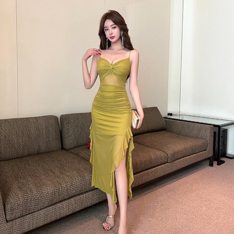 Sultry Mesh Low-Cut Slim-Fit Pleated Slit Dress