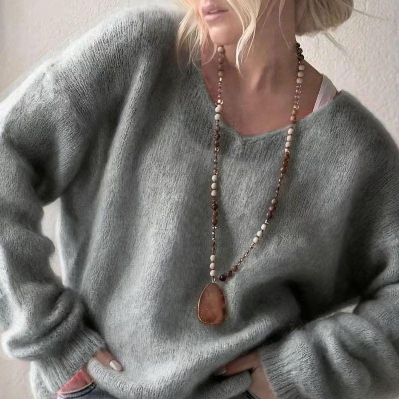 Europäischer und amerikanischer weicher klebriger V-Ausschnitt Langarm-Pullover Damen Herbst und Winter Pullover einfarbig fauler Stil lockerer Strickpullover Top