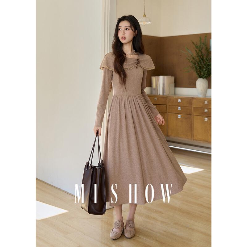 Mixiu Women s Shawl Collar Knitted Midi Dress with Lace Trim L