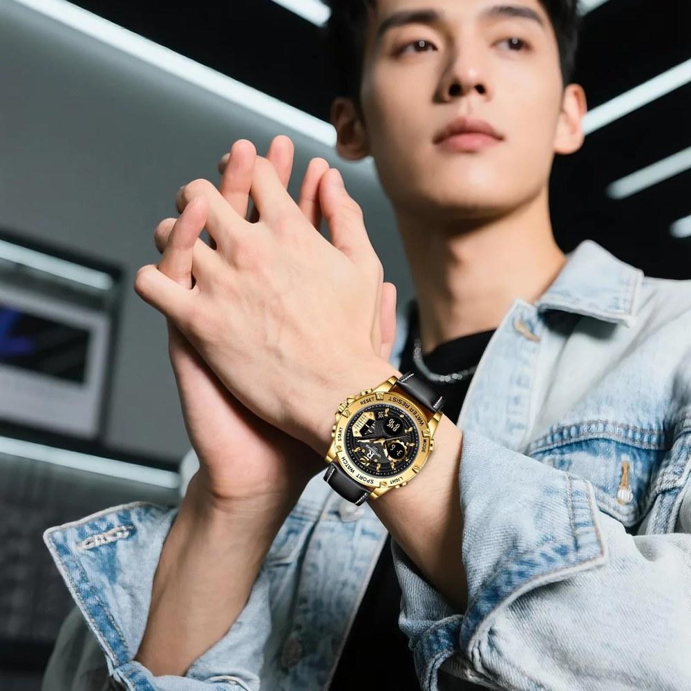 R ONTHEEDGE Men’s Analog Quartz Wristwatch 3 ATM Water Resistant Leather Band Date Dual Time Luminous Business Stylish Gift