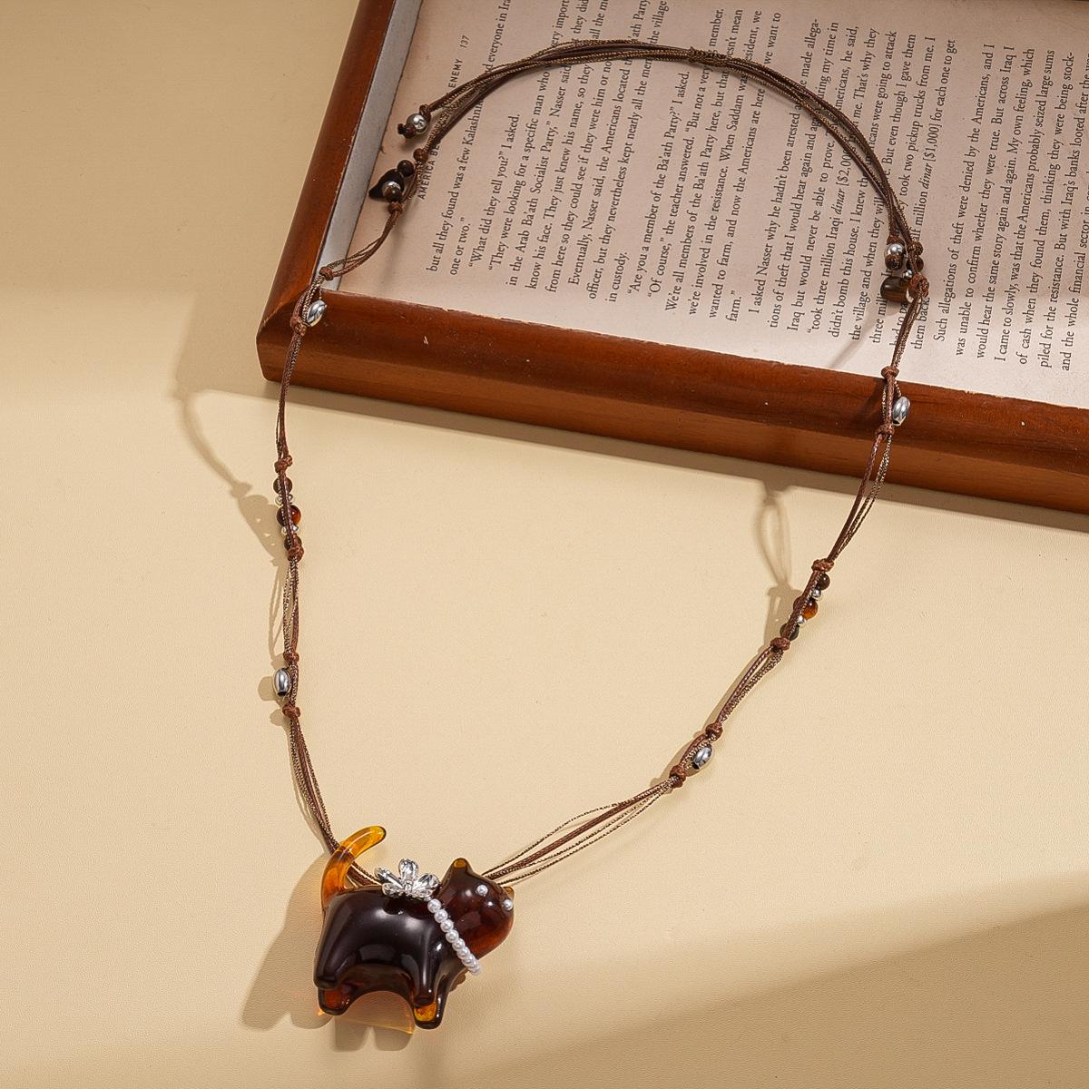 Кожаная смола тигровый глаз имитация жемчуга цветок котенок свитерок цепочка персонализированное ретро ожерелье