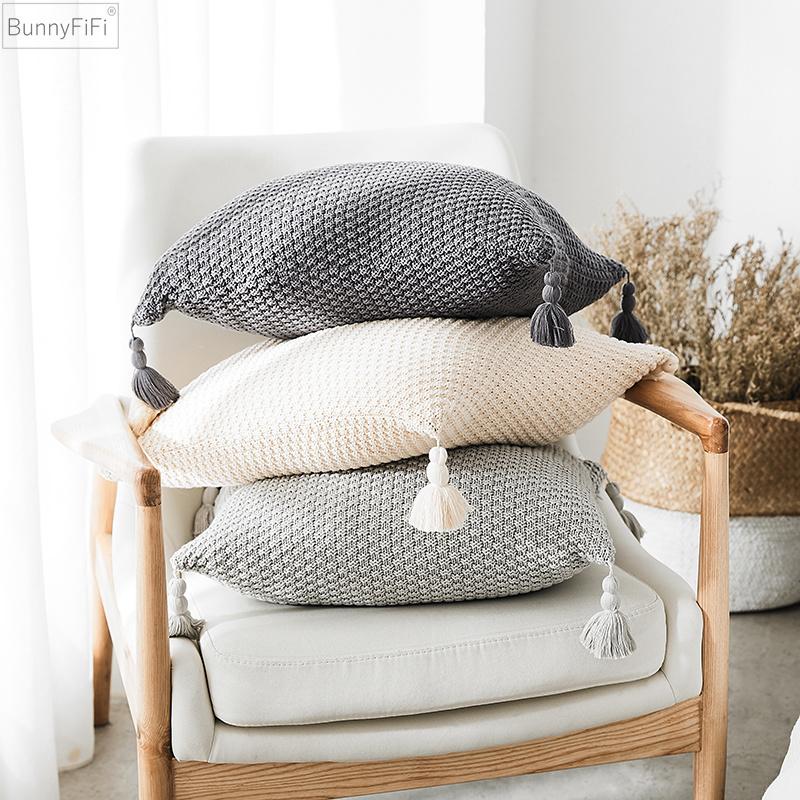 Neue Geometrische Gestrickte Kissenhülle Vintage Grau Kissen Elfenbein Quasten 45cm*45cm Weiche Heimdeko Kissenbezug
