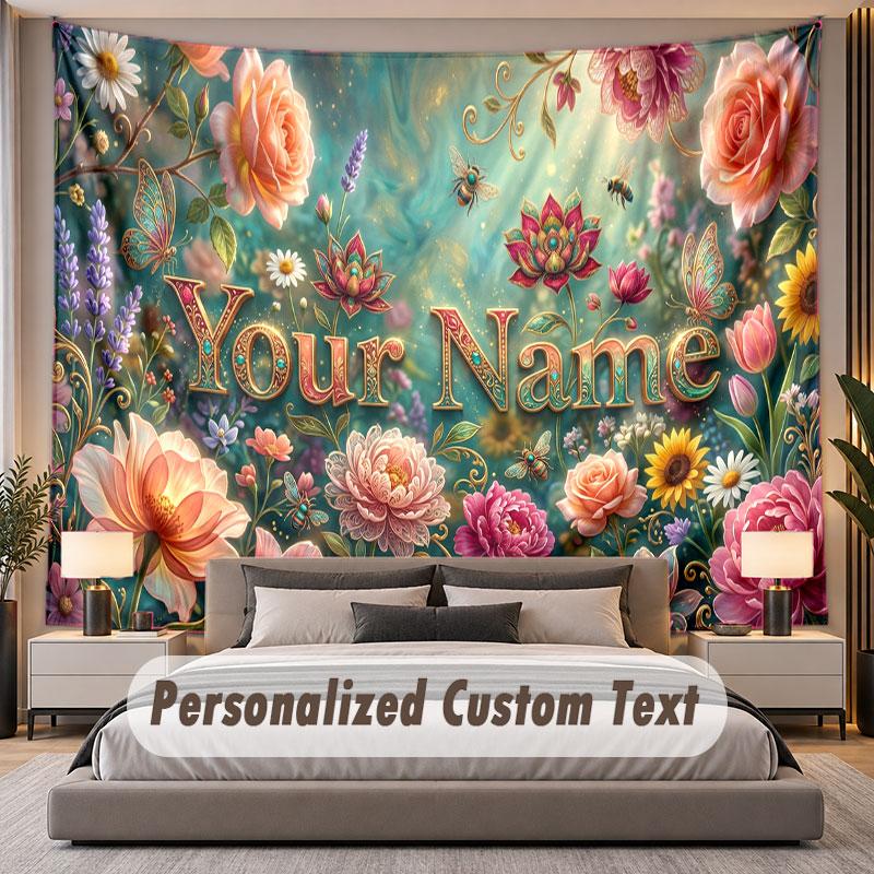 Floral Garden (158) Theme Personalized Tapestry Custom Name Text Wall Hanging Tapestry Home Background Decoration