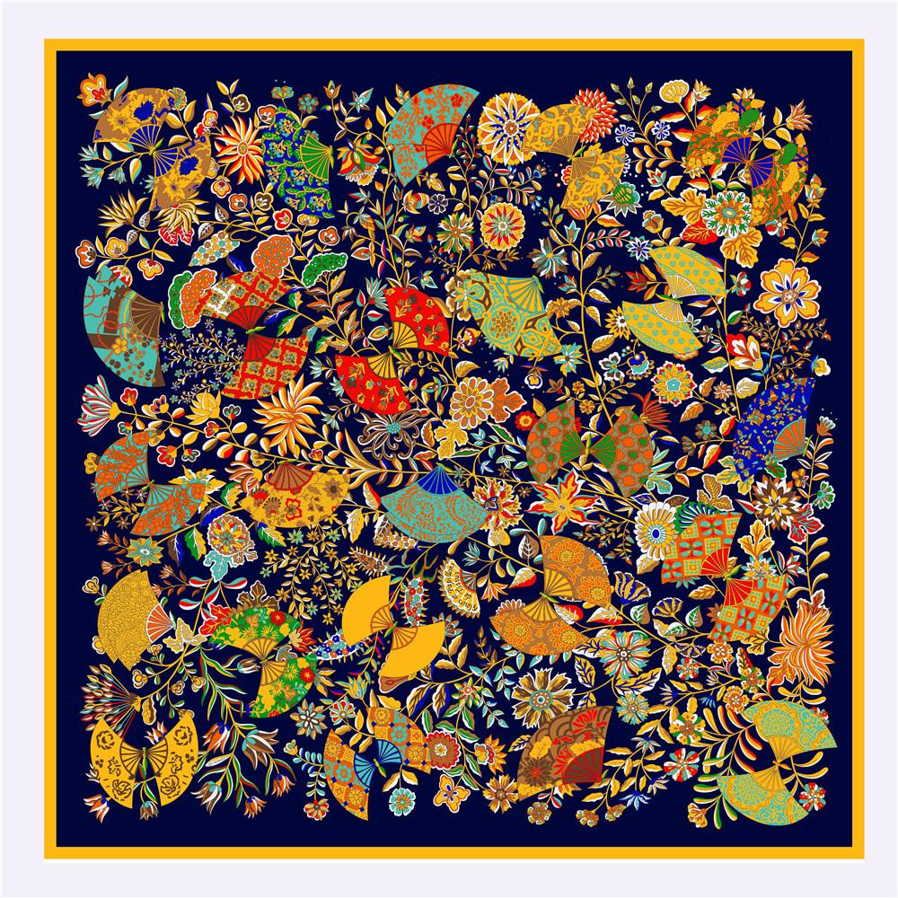 POBING Twill Silk Scarf Women Shawls Fan Leaves Print Stoles Bandana Kerchief Hijab Square Scarves Wraps Silk Foulards 130CM