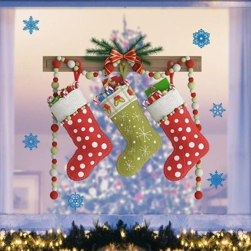 Creative Christmas Stocking Wall Sticker Cartoon Christmas Decoration Removable Static Sticker Holiday Party Decor Wall Stickers
