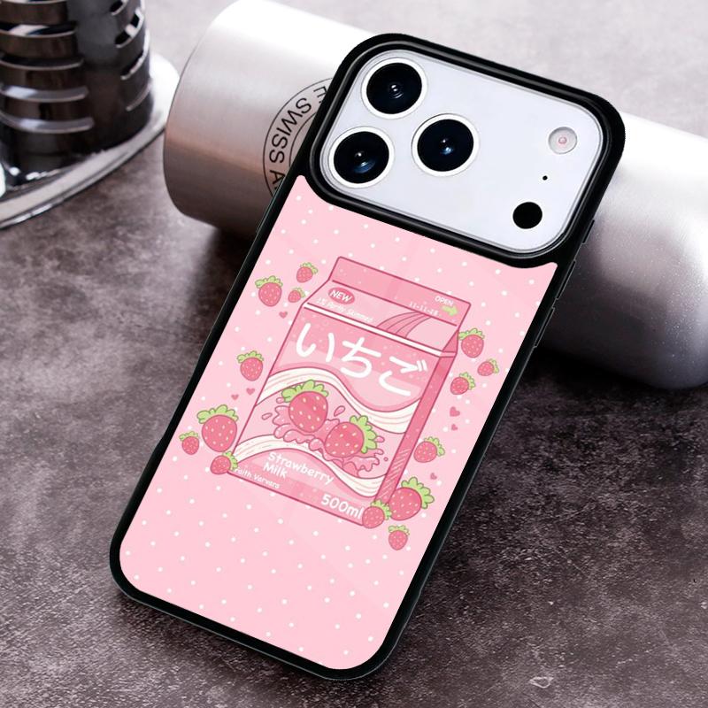 

Kawaii Strawberry Milk Phone Case for iPhone 17 16 15 Pro Max Air 14 13 12 11 Plus Shockproof Cover iPhone 16 Plus