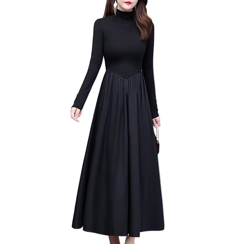 Black High-Neck Hepburn-Style Velvet Dress - Slimming Long Winter Skirt for Women