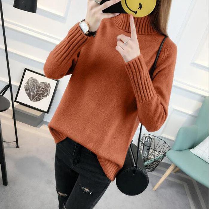 

Осенне-зимний женский свитер, рубашка с длинным рукавом, свободный свежий пуловер с высоким воротом, вязаный свитер One Size коричневый