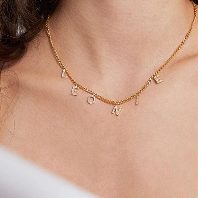 DIY Simple English Letter Necklace with Diamond Inlaid Pendant, Stainless Steel Jewelry for Europe and America.