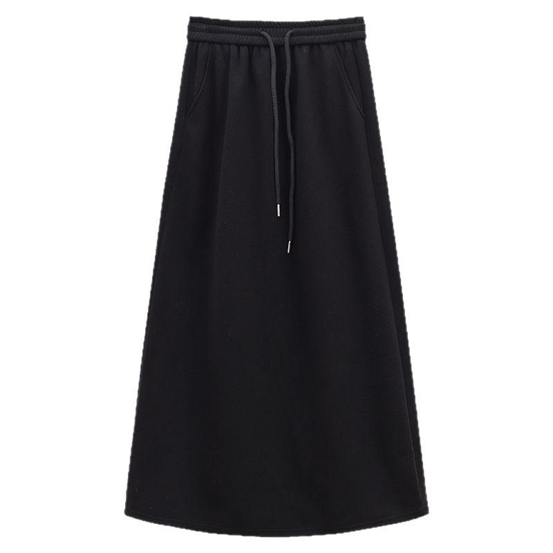 Women's Fleece Lined High Waist A-Line Sweatshirt Midi Skirt with Drawstring