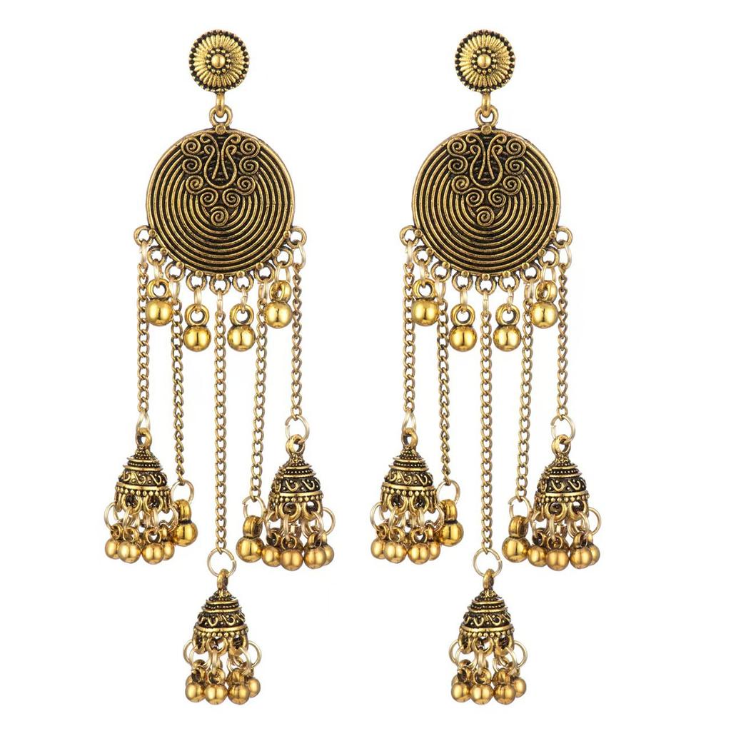 Cross-border Hot Sale Indian Ethnic Style Round Bells Fringed Pendant Earrings Retro Bohemian Earrings Premium Sense