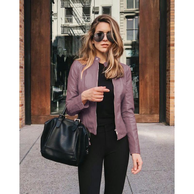 Autumn Winter Stand Collar Casual Fashion PU Leather Coat Women Street Style Solid Color Zipper Cardigan Outwear Top
