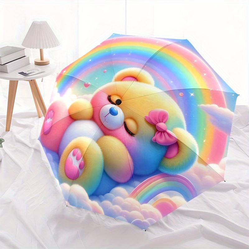 Teddy Bear,Rainbow Automatic Folding Umbrella  8 Ribs Lightweight Design, Durable Iron Frame, Compact and Portable, Ideal Birthday or Christ