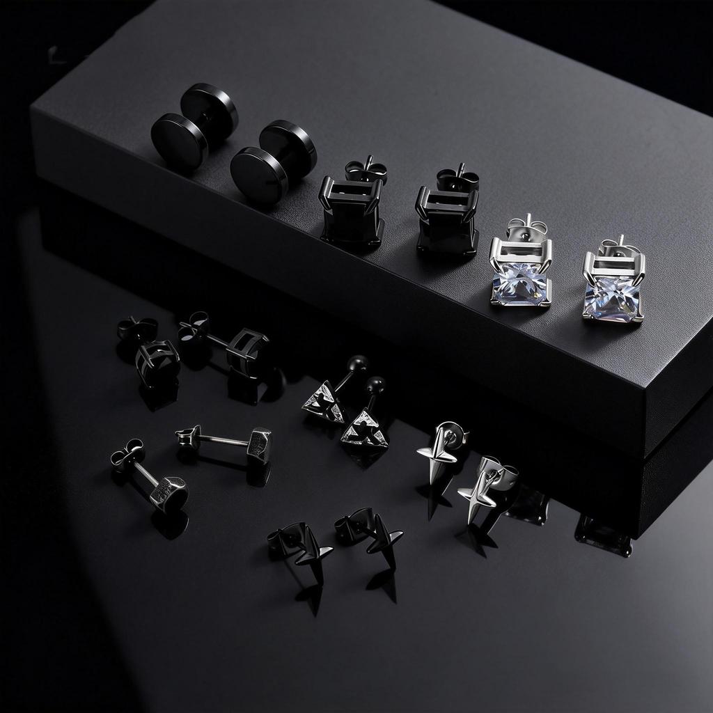 Multi Style Fashion Stainless Steel Hoop Earrings, Vintage Sword Star Geometric Pendant Men's Earrings, Hip Hop Piercing Jewelry