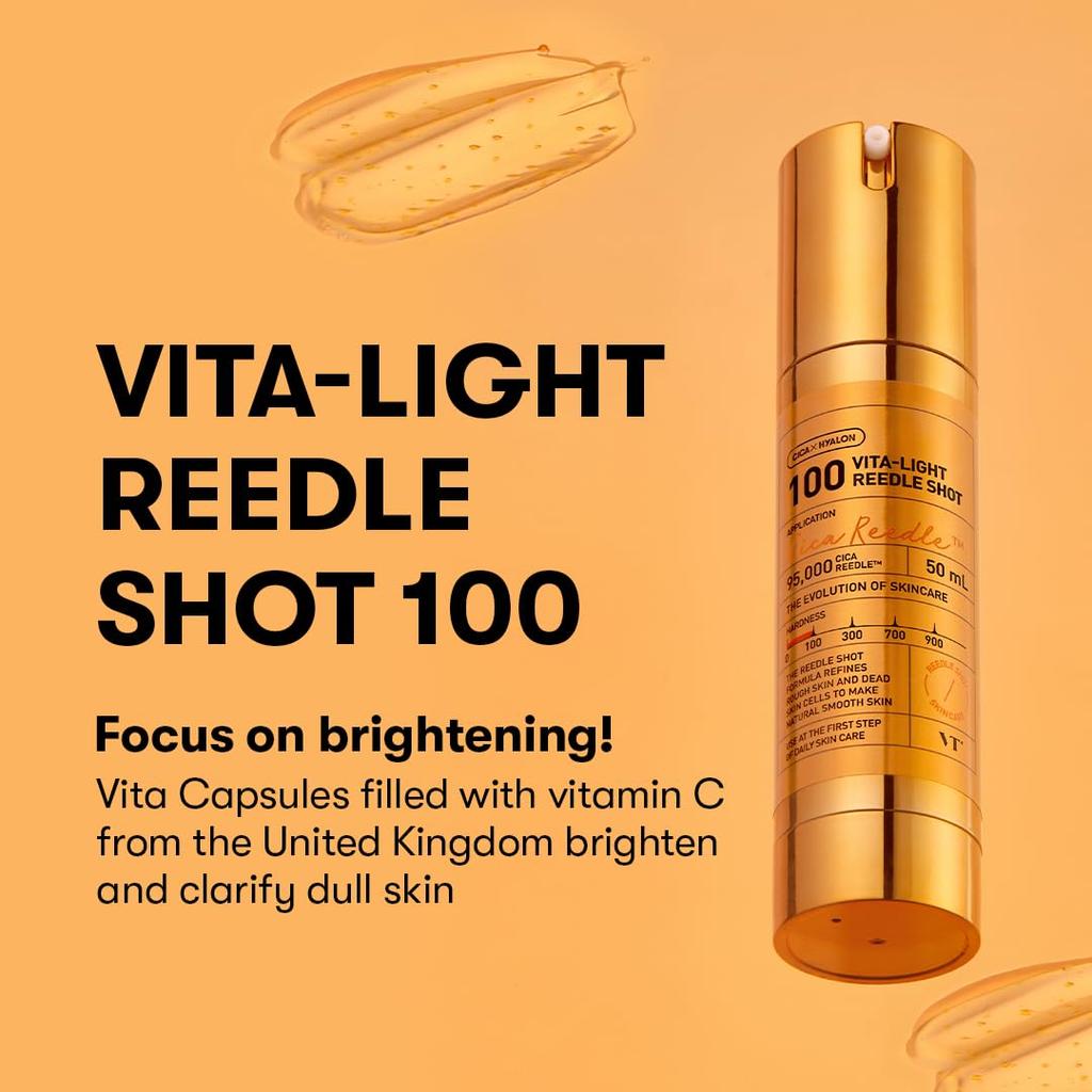 VT Cosmetics Vita-Light Reedle Shot 100, Serum with Vitamin C Capsules, Vitamin E, Hydrating Care, Korean Skincare for Sensitive Skin 1.69Fl Oz(50ml)