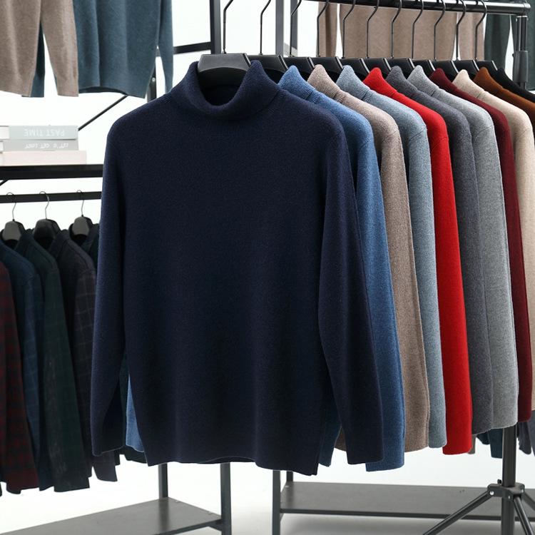 Men's 100% Pure Wool High Neck Loose Sweater - Warm, Thick Autumn/Winter Base Layer 