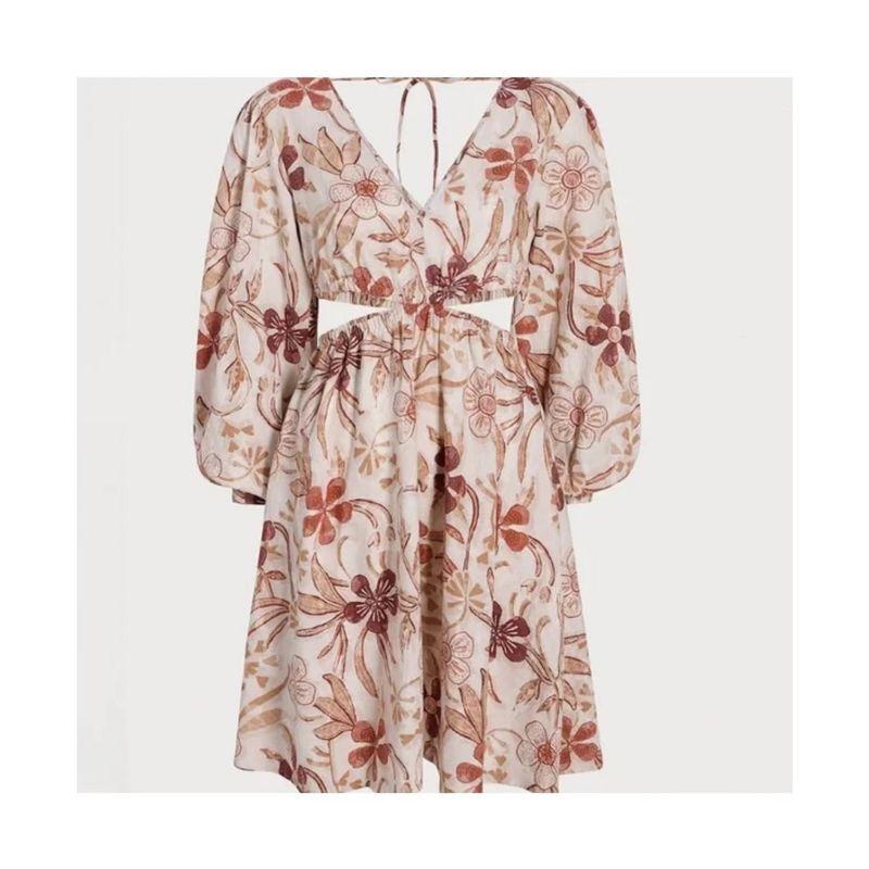 

139 Knife Light Luxury Sam Ed * Miguo Single Linen High Waist Hollow out Deep V Long sleeve dress Flower style XL