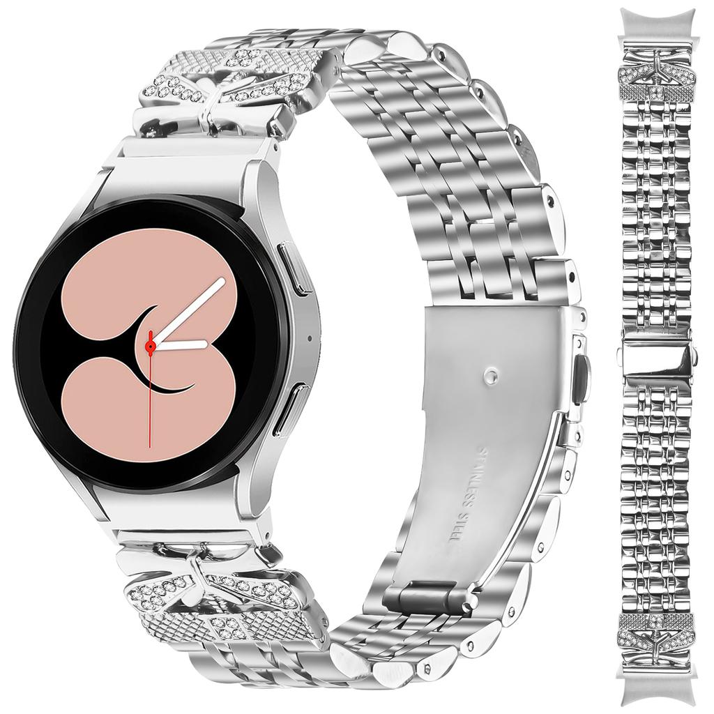 Silbernes Metallarmband mit Anschluss für Samsung Galaxy Watch7 44mm/40mm Schmetterlings-Strasssteine-Dekor 7-Glieder-Uhrenarmband