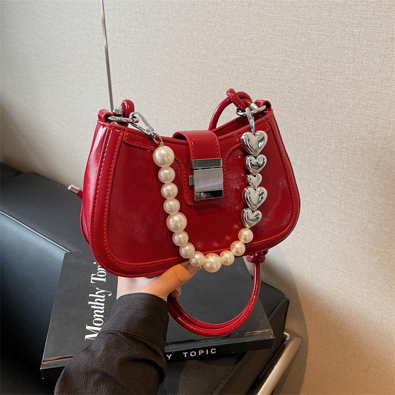 Retro Rote Perlenbesetzte Kleine Tasche für Damen Neue Einfache Einzelne Schulter Unterarmtaschen Mode Hochzeit Handtasche Pendler Umhängetasche