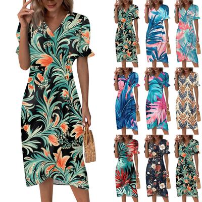 Sukienki plażowe dla kobiet Wiosna lato Elegancka, kopertowa sukienka z dekoltem w kształcie litery V, kwiecista sukienka Boho, zwiewna, marszczona, hawajska sukienka maxi